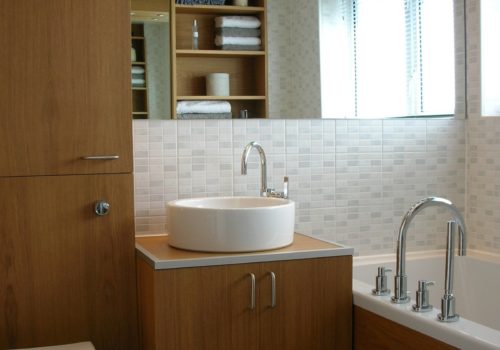 Minimalist bathroom with toilet, sink and bath in view and shelves in the mirror reflection