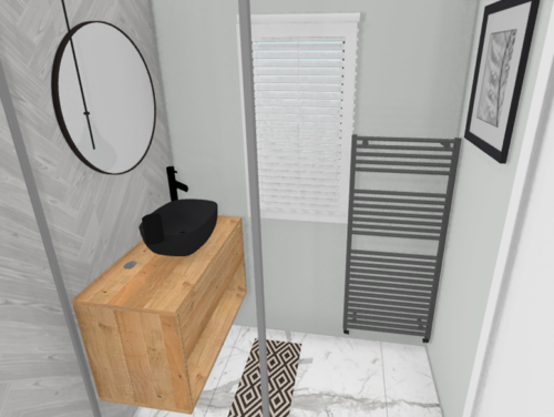 3D render of En-Suite floorplan showing vanity unit, towel rail and shower