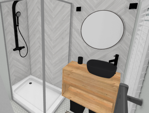 3D render of En-Suite floorplan showing vanity unit and shower