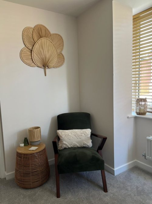 Scandi style living room accent chair in window