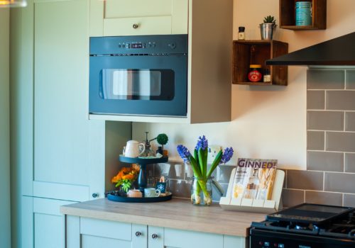 Kitchen with green cupboards