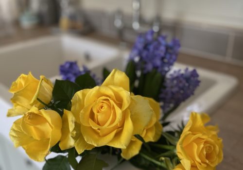 kitchen sink with flowers